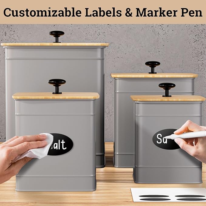 Kitchen Canisters for Countertop Set of 4 with Customizable Chalkboard Labels & Marker Pen - Big Iron Kitchen Canisters with Airtight Lids - Gray Canister Set - Flour and Sugar Containers Farmhouse