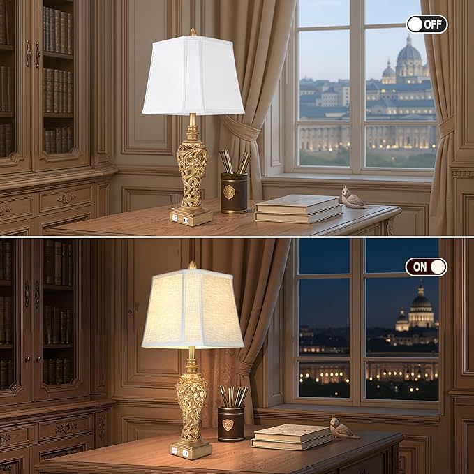 Vintage Table Lamps Set of 2, 28.5'' Tall Antique Gold Bedside Lamps with Fabric Shades, USB A+C Charging Ports & Night Light, Farmhouse Nightstand Lamps for Bedroom Living Room Office (Bulb Included)