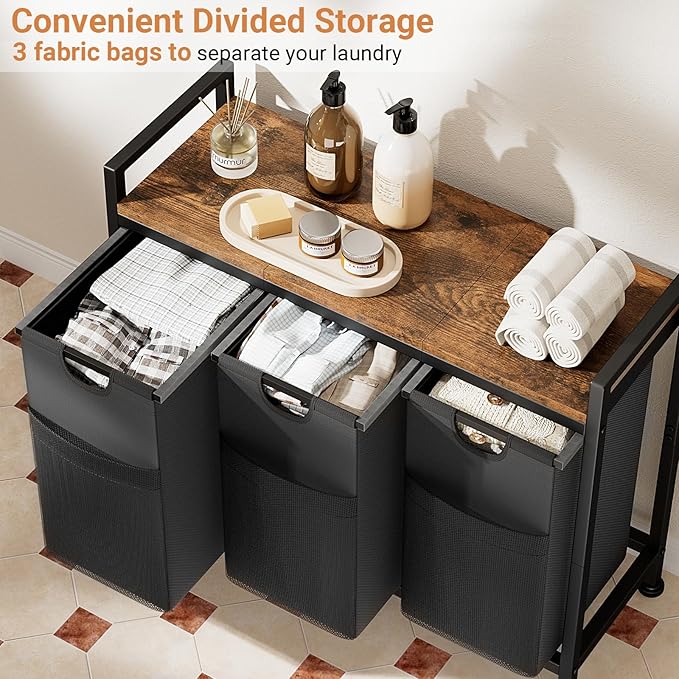 Lulive Laundry Hamper, Laundry Basket Organizer with 3 Pull-Out Removable Bags & Large Top Shelf, 3 × 12.5 Gal (142L) Freestanding Laundry Sorter 3 Sections for Laundry Room, Bathroom and Dorm