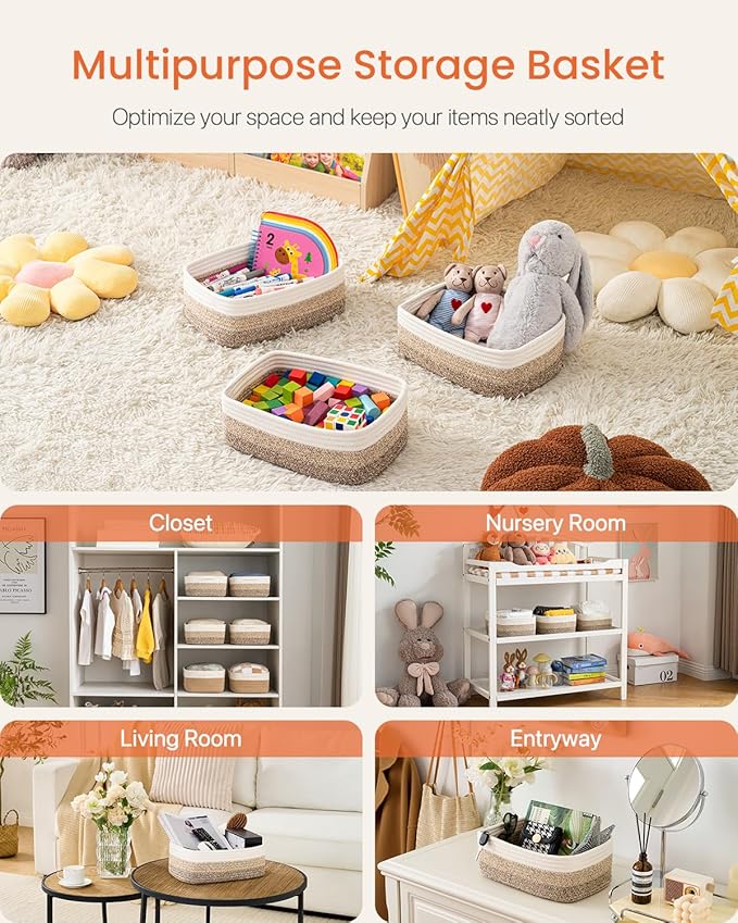 Small Woven Basket, 13.5 x 9.5 x 5 Inches, Storage Basket for Organizing, Cute Small Rope Shelf Closet Cube Storage Bins Baskets for Shelves, Dog Toy Gift Baskets Empty, 3 Pack Gradient Brown