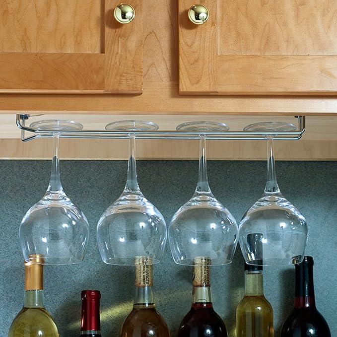 TrueCraftware- 16-Inch Wine Glass Rack Chrome Finish Set of 2- Stemware Rack Wire Hanging Rack Under Cabinet Wine Glass Stemware Holder Glass Storage Hanger Organizer for Kitchen and Bar