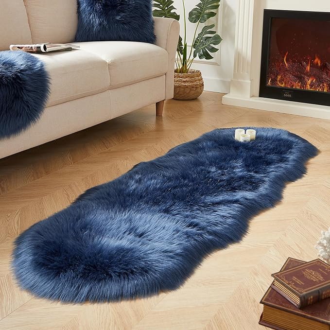 AMTOVO Faux Sheepskin Rug, Dark Blue Ultra Soft Fluffy Shag Area Rug, 2 x 6 ft Faux Fur Rug for Bedroom Sofa Throw Cushion Room Decor, Sheepskin