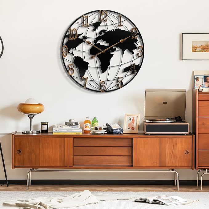 Large Wall Clock - 24 Inch World Map Minimalist Modern Round Metal Wall Clock Silent Non-Ticking Battery Operated Wall Clocks for Living Room Kitchen Office Farmhouse Home Decor
