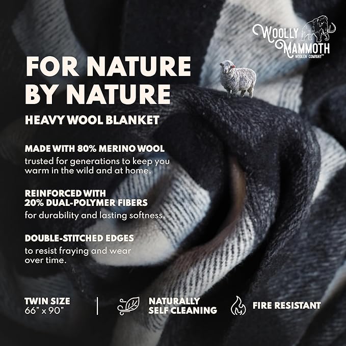 Woolly Mammoth Woolen Company Camping Wool Blanket - 66 in x 90 in Black & Cream Plaid - Heavyweight Merino Wool Outdoor Throw Blanket & Bedroll - Insulating Warm for Winter, Picnic & Travel