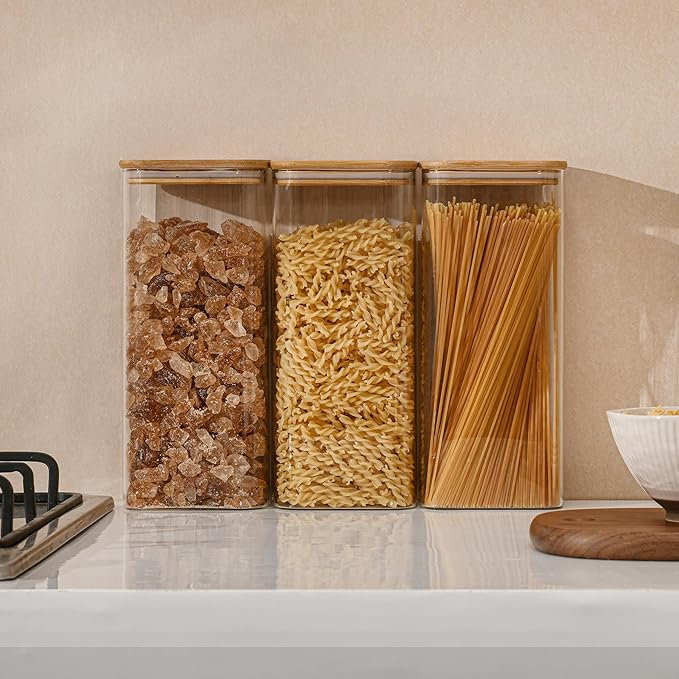 71oz Rectangle Airtight Glass Storage Containers with Bamboo Lids (Set of 4), Square Food Storage Jar, Pantry Organizers for Sugar, Flour, Spaghetti and Coffee beans (‎with Black Lable)