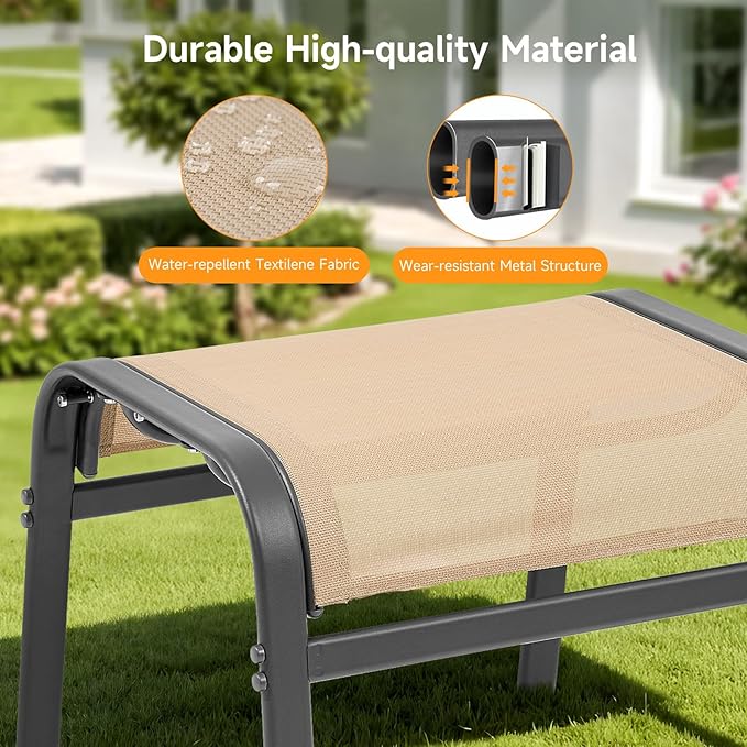 Outdoor Ottoman Set of 2, All Weather Outdoor Foot Stool with Supportive Textliene and Metal Frame, Stackable Oversized Outdoor Foot Rest for Furniture Patio Garden Pool, Beige