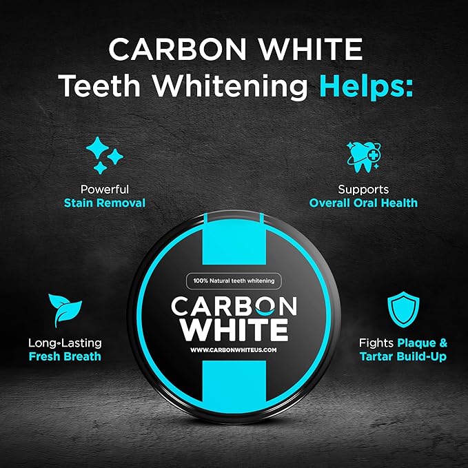 CARBON WHITE Teeth Whitening Powder - Natural Activated Coconut Charcoal Tooth Powder for Removing Stains & Discoloration - Helps Fight Tartar & Plaque, Freshens Breath - Tasteless, Odorless - 30g