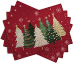 Red Christmas Tree Placemats Set of 4, 12x18 Inch Xmas Trees Snowflakes Winter Holiday Place Mats Seasonal Washable Linen Table Mat for Indoor Outdoor Kitchen Dining Party Decor
