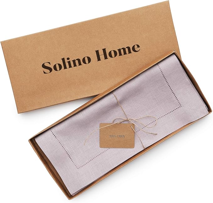 Solino Home Linen Lilac Table Runner 90 Inches Long - 100% Pure Linen Hemstitch 14 x 90 Inch Table Runner for Dining - Classic Hemstitch