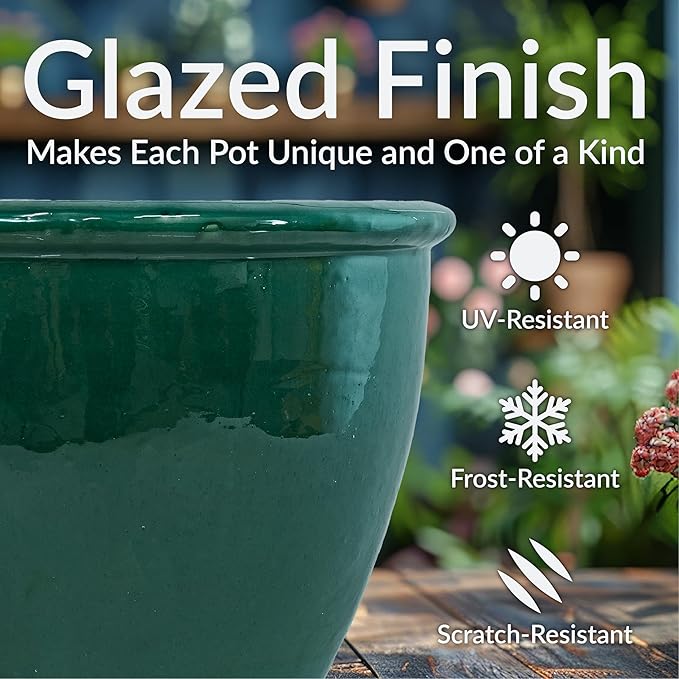 Sunnydaze Chalet Large Ceramic Plant Pot - Round Outdoor Glazed Ceramic Planter Pot with Drainage - Dark Green - 14.5"