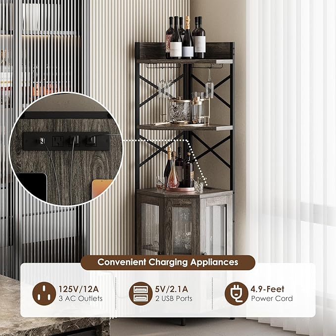 Corner Bar Cabinet with Power Outlet, 5-Tier Corner Wine Cabinet with Led Strip and Glass Holder, Industrial Tall Liquor Cabinet Bar Wine Rack for Home, Grey Oak