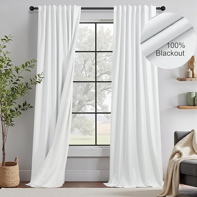 White Linen Blackout Curtains 95 Inches Long 2 Panel Set Cute Burg Nosie Reducing Insulated Drape Fabric Thick Boho Curtains for Bedroom Heat Reflective Viral Curtain Back Tab Pocket Pleated 95 Length