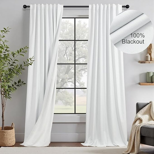 White Black Out Curtains 96 Inches Long for Bedroom 2 Panel Back Tab 100% Blackout Linen Retro Vintage Curtain Farmhouse Living Room Viral Coastal Drapes for Nursery Girls Boys Thermal Insulating 8ft