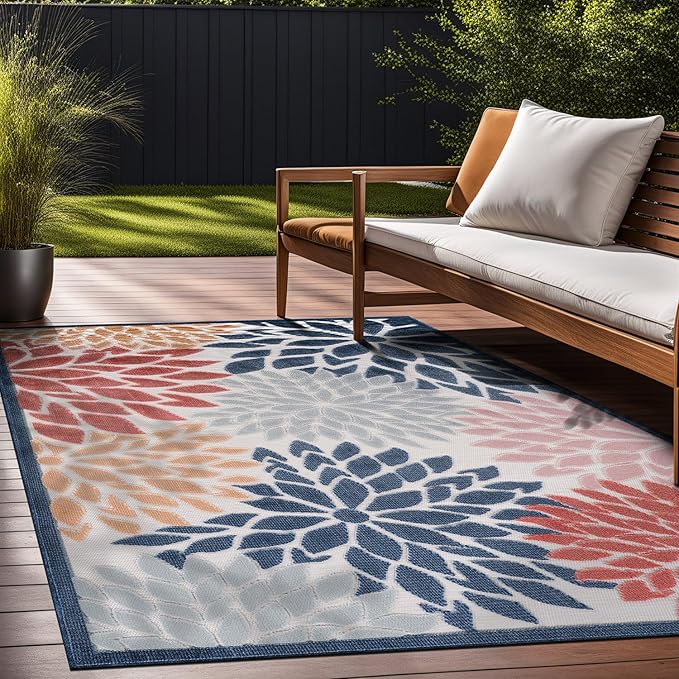 Beverly Rug Outdoor Rug 9x12 Large Modern Floral Tropical Area Rugs for Indoor and Outdoor Patio Easy to Clean Non Shedding Living Room Porch Garden Washable Outside Carpet (9 x 12 Multicolor)