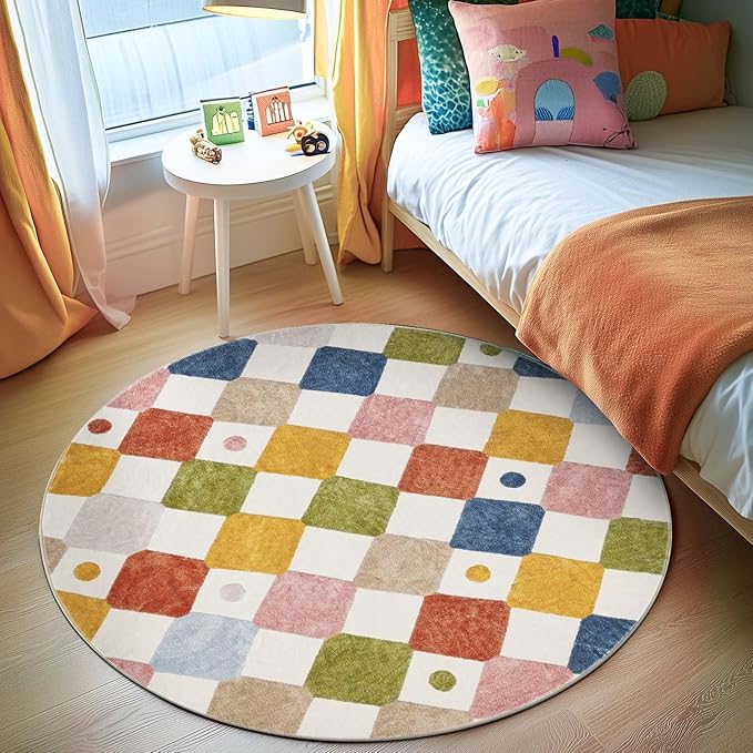 jinchan Round Rug 5ft Kids Washable Rug Indoor Floor Cover Non-Slip Soft Elementary School Classroom Modern Colorful Diamond Carpet for Nursery Daycare Bedroom Playroom Living Room Circus on Cream