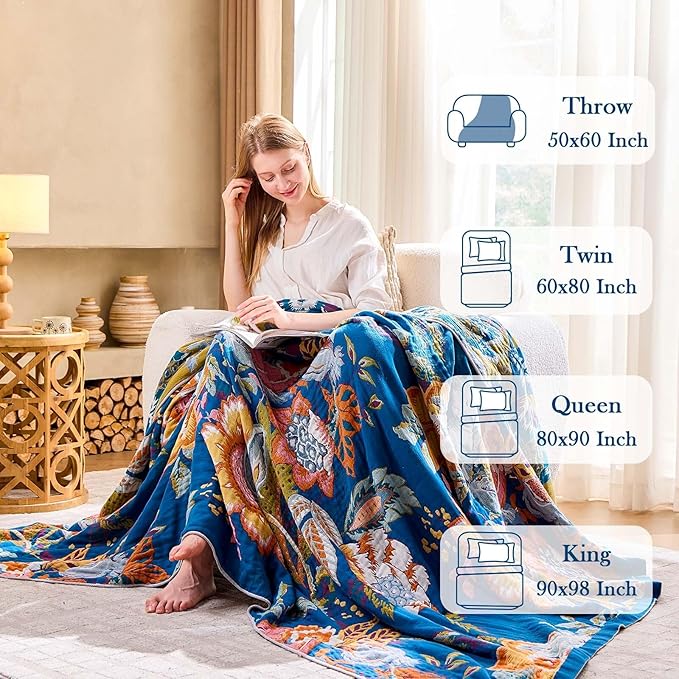 Boho Throw Blanket, Blue Lightweight Blankets for Summer, 100% Cotton Bohemian Decorative Throw Blanket, 50"x60" Reversible Muslin Breathable Woven Farmhouse Blankets Quilt,