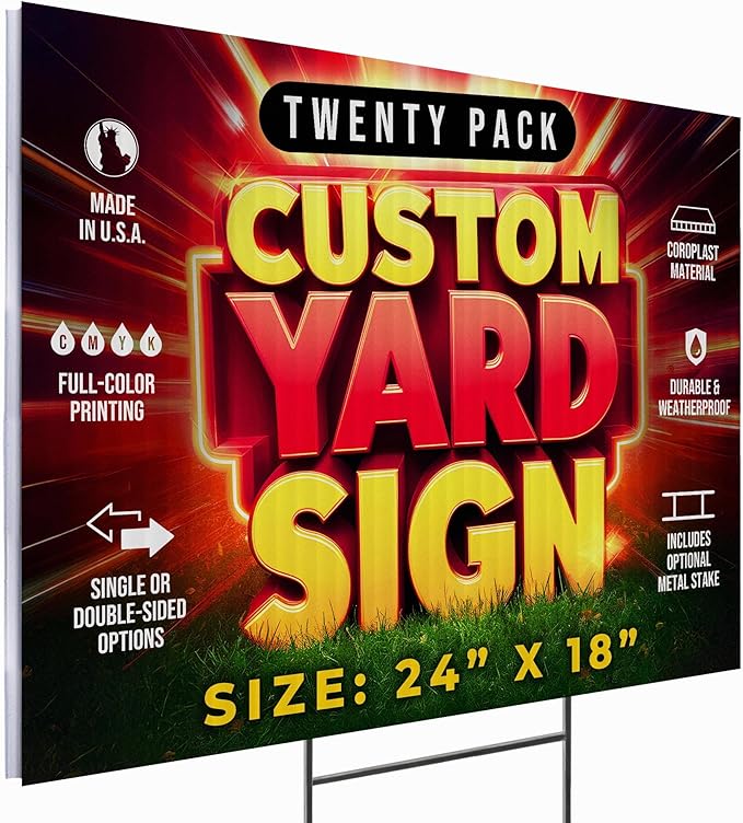 20 Pack 24"x18" Custom Yard Signs with Stakes, Personalized Yard Signs for Outdoors, Customized Full Color Print Corrugated Signs for Business