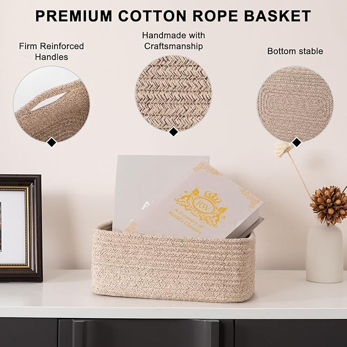 4 Pack Small Storage Shelf Baskets for Organizing, Mini Woven Rope Storage Bins for Towels, Cute Decorative Closet Organizer，Baby Nursery, Gift Empty Baskets -11.81''Lx7.87''Wx4.72''H'-Brown
