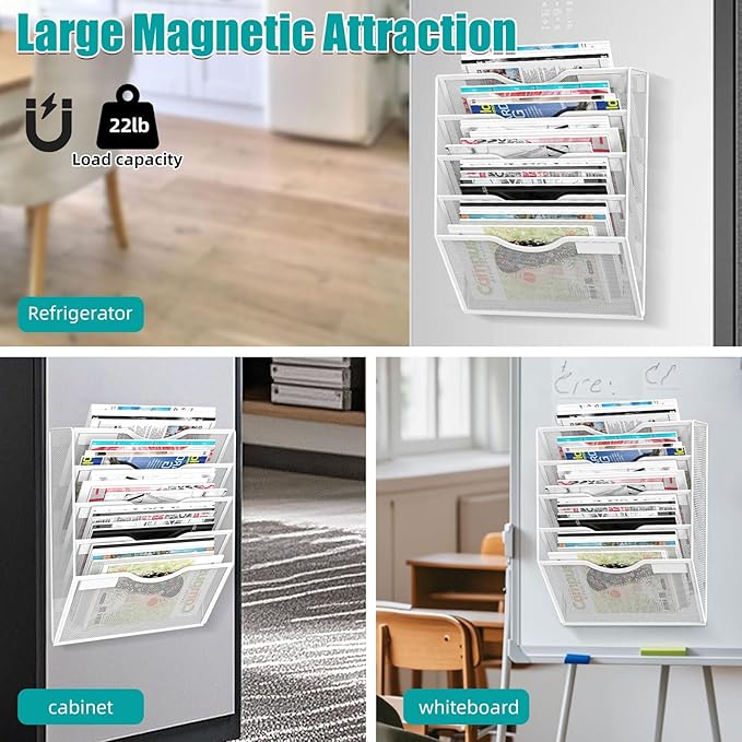 5-Tier Magnetic File Organizer, No Drilling Installation, White Magnetic Paper Holder, Magazine Rack for Refrigerator and File Cabinets