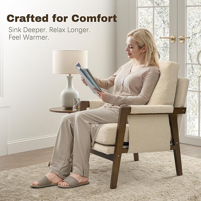 Modern Accent Chair for Living Room Mid Century Arm Chair Upholstered Bedroom Chair Comfy Lounge Chair with Solid Wood Frame, Beige