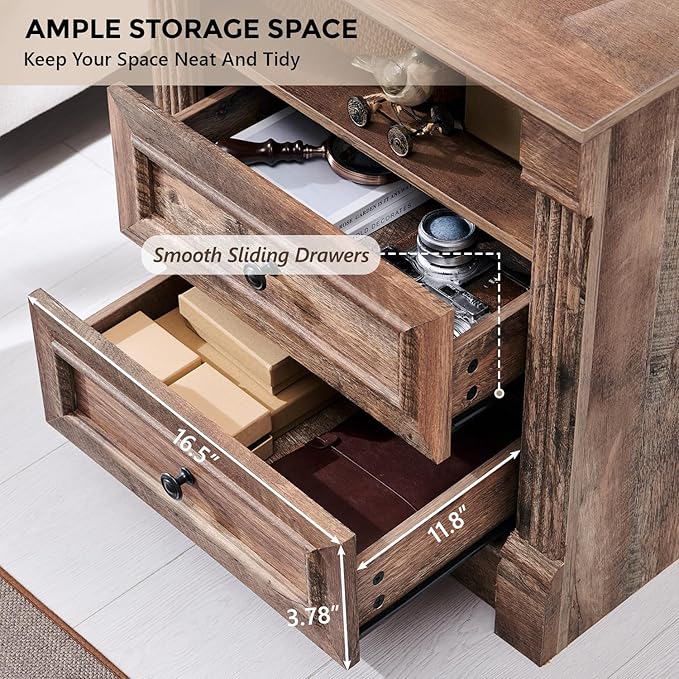 26" Tall Farmhouse Nightstand Set of 2, 2 Drawers End Table w/Charging Station, 23.6" Wide Large Side Table w/Roman Column, Wood Rustic Sofa Table w/Open Shelf, Bedside Table for Bedroom, Light Brown