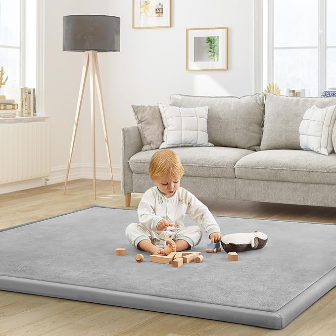 Baby Play Mat for Floor Tummy Time Mat Nursery Rug Muscle Mat Area Rug Playroom Rug Tatami Mat 79"x118" Memory Foam 1.3" Thick Crawling Mat for Babies,Toddlers, Infants, Kids(Light Gray)
