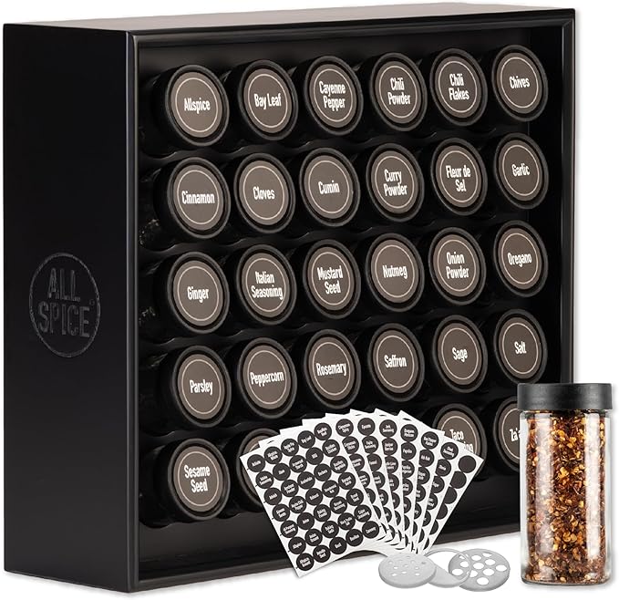 AllSpice Spice Rack Organizer, Wood, 525 Unique Labels, Countertop or Wall Mount, Includes 30 4oz Jars- Matte Black