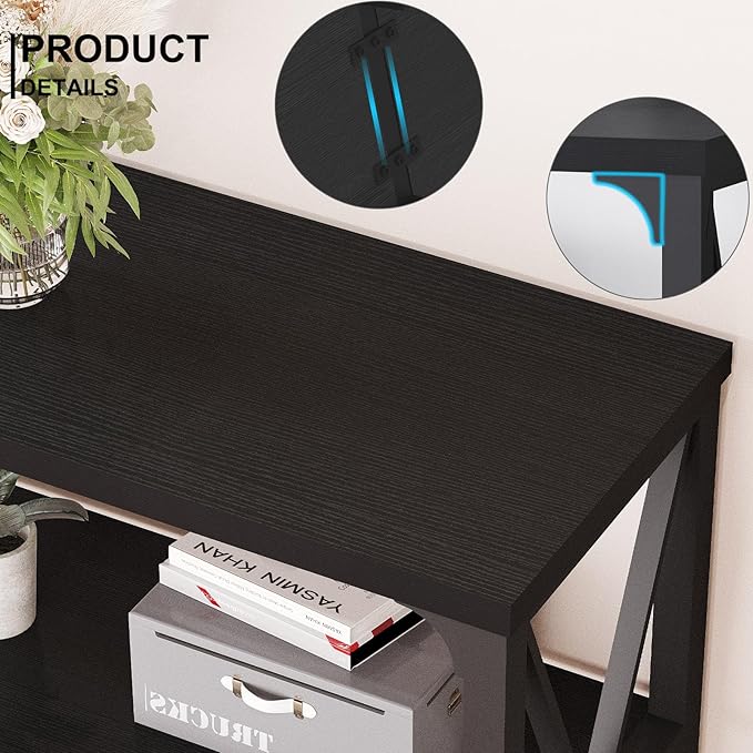 LVB Industrial Entryway Table, Farmhouse Rustic Console Tables Behind Couch, Long Metal Wooden Sofa Table with Storage Shelf, Modern Foyer Hallway Table for Living Room Bedroom, Black Oak, 63 in