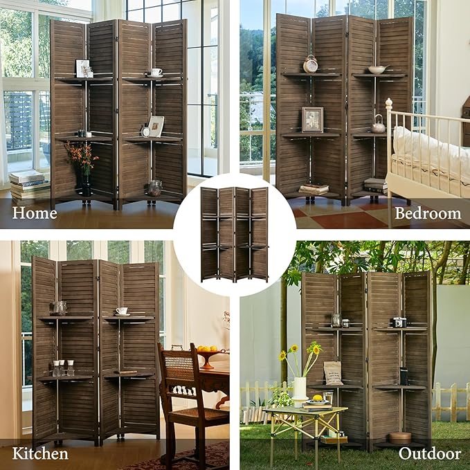 Room Divider with Shelves, 5.6 Ft Tall Folding Wood Screen with Double Hinges for Home Office Bedroom Hotel Decoration (4 Panels, Brown)