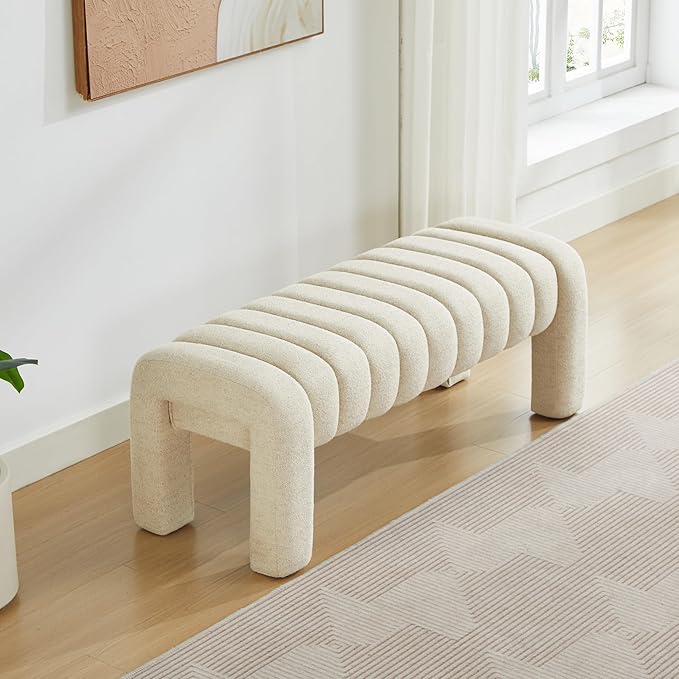 43.3" Bedroom Bench, Upholstered Entryway Bench, Modern End of Bed Ottoman with Solid Wood Legs and Adjustable Foot Pegs for Entryway, Dining Room and Living Room (Beige Linen)