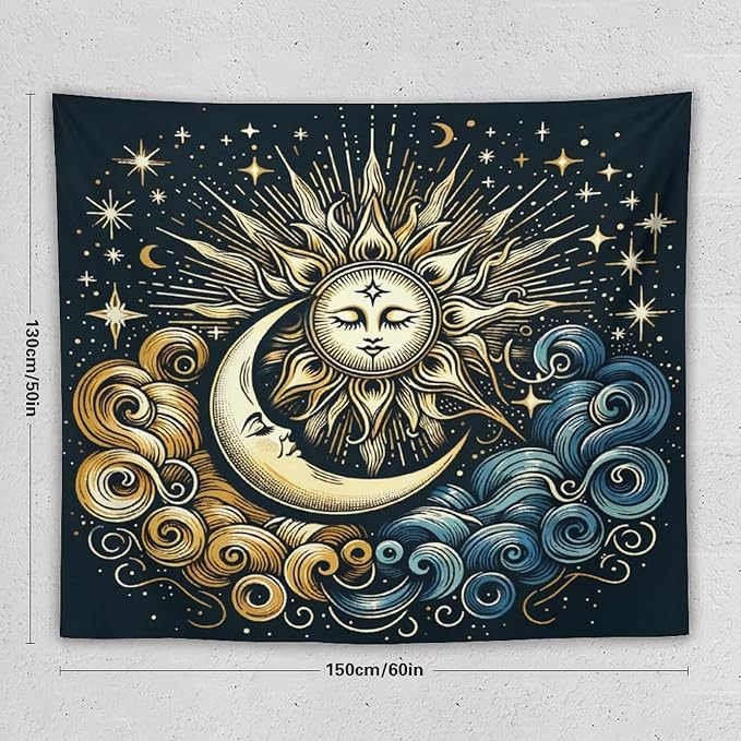 HZOHNAGO Sun Moon Tapestry Boho Golden Stars Pattern Printed Wall Tapestry Wall Hanging for Bedroom Living Room Dorm 60" W x 50" H