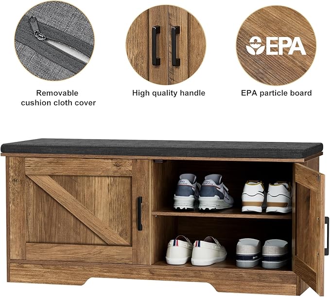 2-Tier Storage Bench, Shoe Bench with Padded Seat Cushion, Entryway Bench with 2 Barn Doors, Adjustable Shelf, 13.8" D x 39.4" W x 17.7" H, for Entryway, Living Room, Bedroom, Rustic Walnut