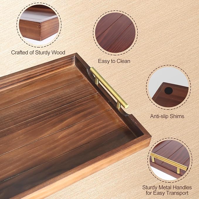 Coffee Table Tray - Large Ottoman Trays for Living Rooms - Wood Serving Tray with Handles(2 Sets) - Wooden Tray for Coffee Table, 4 Round Coasters Included, Dark Brown