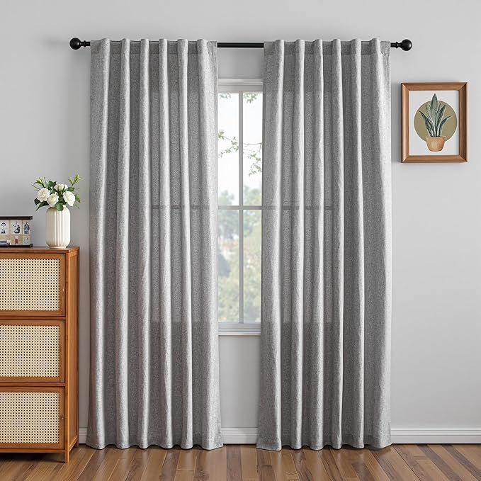 MYSKY HOME 95 Inch Sliding Door Curtains Farmhouse Light Filtering Privacy Curtain Drapes for Patio Door Living Room, Linen Look Texture Fabric Soft Bohemian Draperies, 50x95, Dove Grey, 2 Panels
