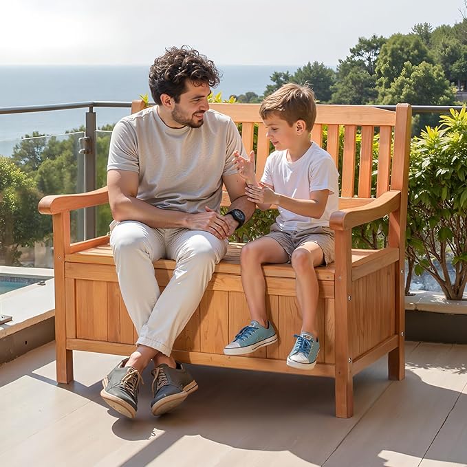 VEVOR Outdoor Storage Bench, 2-Person Wooden Storage Bench, 33 Gallons Deck Box with Side Handle, Supports up to 705 lbs, Weatherproof Outdoor Seating & Porch Decor, for Patio Garden Balcony Yard