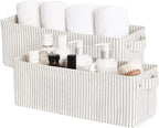StorageWorks Narrow Storage Bins, Small Basket for Closet and Shelves, Fabric Organizer with Handles, Toilet Paper Storage, Gray and White Stripes, 2-Pack