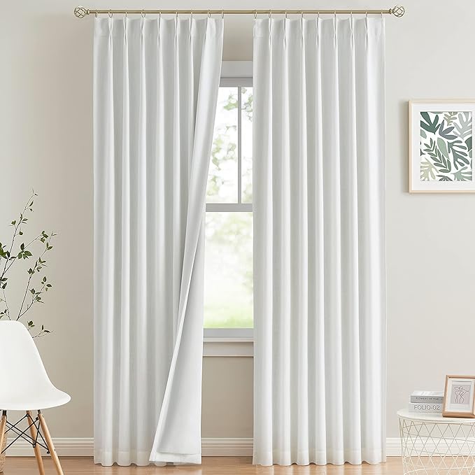 Vision Home White Pinch Pleated Full Blackout Curtains Thermal Insulated Window Curtains 112 inch for Living Room Bedroom Room Darkening Pinch Pleat Drapes with Hooks Back Tab 2 Panel 40" Wx112 L