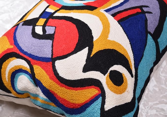 Kandinsky Improvisation Modern Decorative Pillow Cover Black Abstract Toss Pillows Farmhouse Chair Cushion Contemporary Pillow Mid-Century Chair Cushions Hand Embroidered Pillow Wool Size 18x18