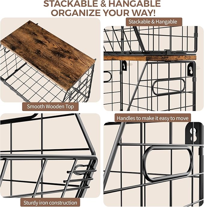 Delamu 3 Pack Stackable Metal Fruit Basket with Wood Lid-Wall Mounted&Countertop Organizer for Kitchen,Pantry- Ventilated Storage for Onions,Potatoes,Fruits,Spices,Black