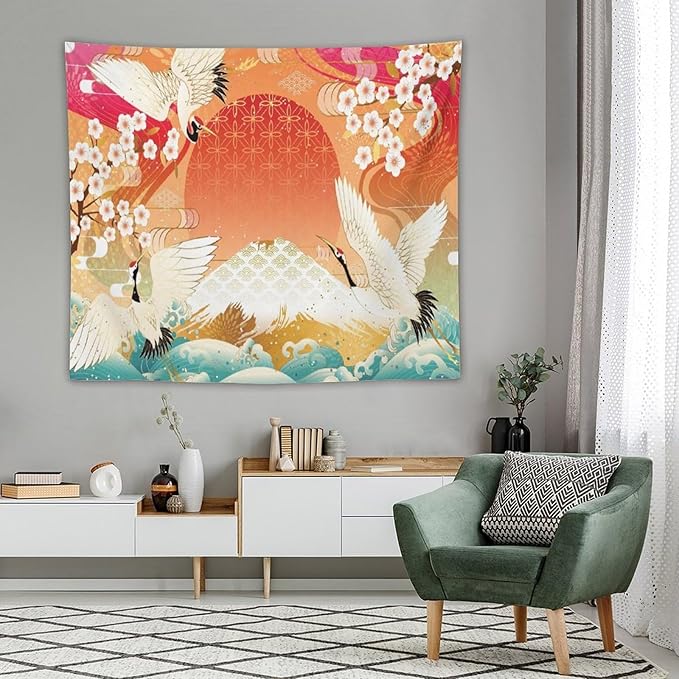 HZOHNAGO Japanese Tapestry Cherry Blossom Crane Sea Wave Fuji Mountain Red Sun Pattern Printed Wall Tapestry Painting Wall Hanging for Bedroom Living Room Dorm 60" W x 50" H