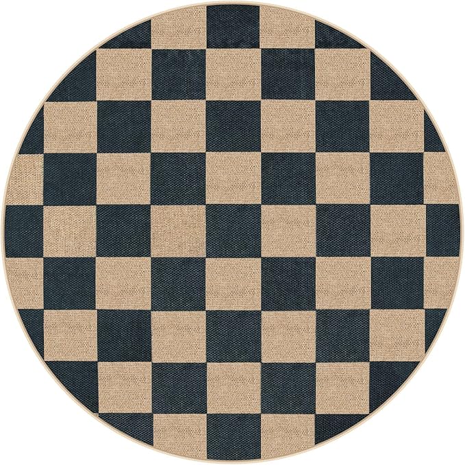 Lahome Checkered 4 ft Easy Jute Round Rug, Washable Small Rugs for Entryway Patio, Farmhouse Non Slip Non Shedding Indoor Outdoor Circle Carpet for Kitchen Porch