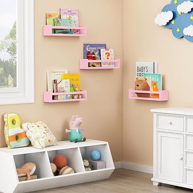 Forbena Pink Floating Shelves for Wall, Aesthetic Wall Bookshelf for Girls Room Decor, Wood Nursery Bookshelves for Toddler Kids Bedroom Book and Toy Storage Organizer (Set of 4, Pink)