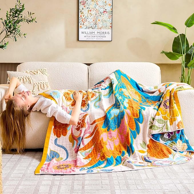 Boho Throw Blanket, Lightweight Blankets for Summer, 100% Cotton Bohemian Decorative Throw Blanket, 60"x80" Reversible Muslin Breathable Woven Farmhouse Blankets Quilt,