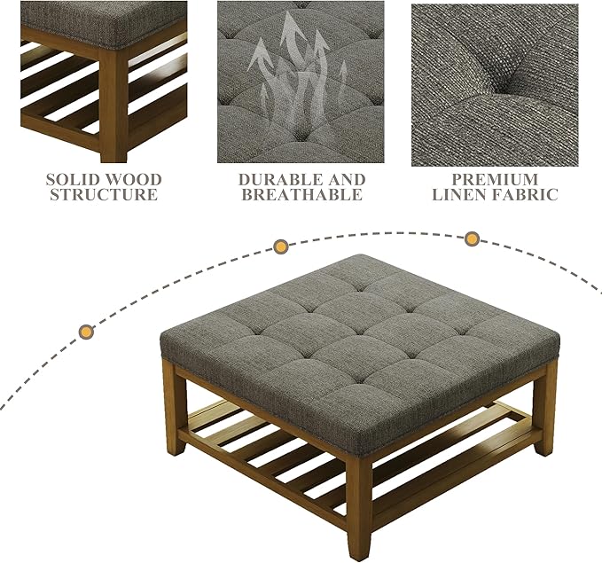 Large Square Ottoman Coffee Table, Linen Solid Upholstered Footrest Ottoman with Solid Wood Shelf Storage Tufted Coffee Table for Bedroom Living Room, Granite
