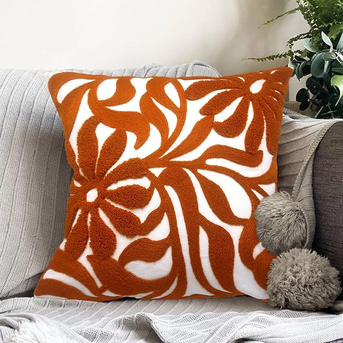 Alysheer Farmhouse Floral Leaves Embroidered Decorative Throw Pillow Cover 18x18 inches, Boho Tufted Flowers Embroidery Pattern Chic Cotton Cushion Case for Couch Bed Sofa Living Room(Burnt Orange)
