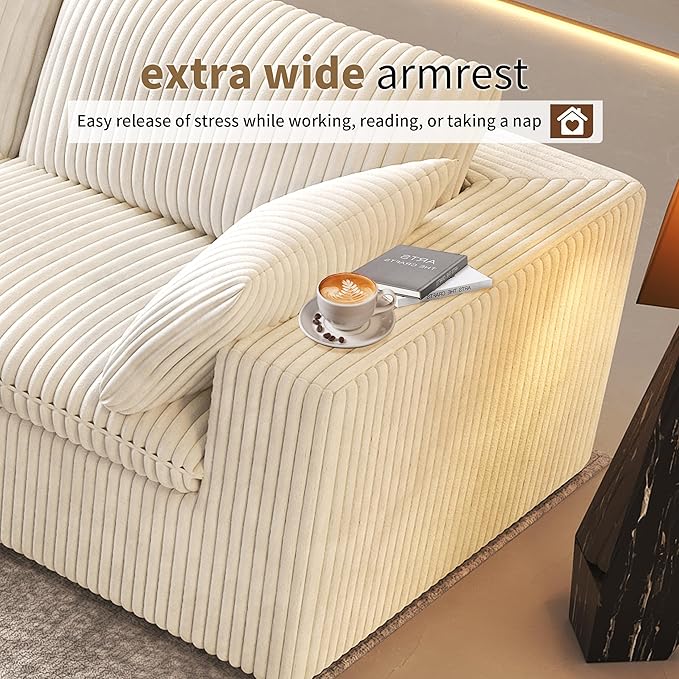 78.74" L Shaped Modern Sofa Modular Sectional Cloud Couch with Ottoman,Upholstered Couches with Plush Corduroy Fabric for Living Room Furniture,Bedroom and Apartment,No Assembly Required,White