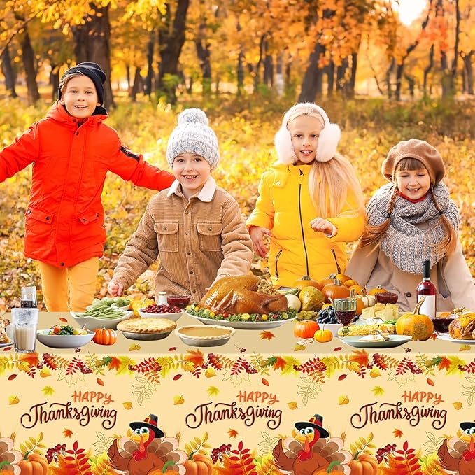 2 Pack Happy Thanksgiving Tablecloth - Fall Thanksgiving Turkey Table cloths, Disposable Plastic Rectangle Autumn Pumpkin Maple Leaf Table Cover for Thanks Giving Tables Decor Party Supplies,108x54In