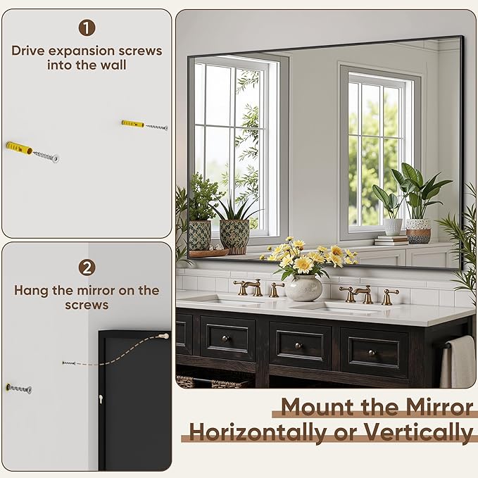 Bathroom Mirror 55" x 30", Large Rectangle Wall Mirror, Black Metal Frame Wall Mounted Mirrors for Bathroom, Vanity, Bedroom, Entryway Decor(Horizontal/Vertical)