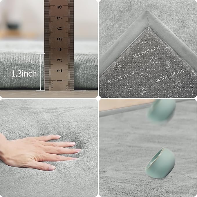 ACOMOPACK Baby Play Mat for Floor 1.3" Thick Memory Foam Play Mat 79"×157 Tummy Time Crawling with Non-Slip Bottom for Living Room,Nursery,Soft Velvet Playpen Mats for Kids,Infants（Light Grey）