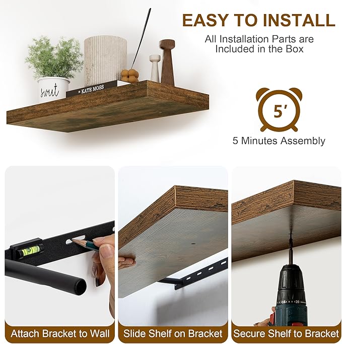 Fun Memories Floating Shelves for Wall, 8 Inch Deep Floating Wall Shelf, 16" x 8" Floating Shelves - Set of 2, Rustic Wooden Storage Shelves for Bathroom, Living Room, Kitchen, Rustic Brown Color